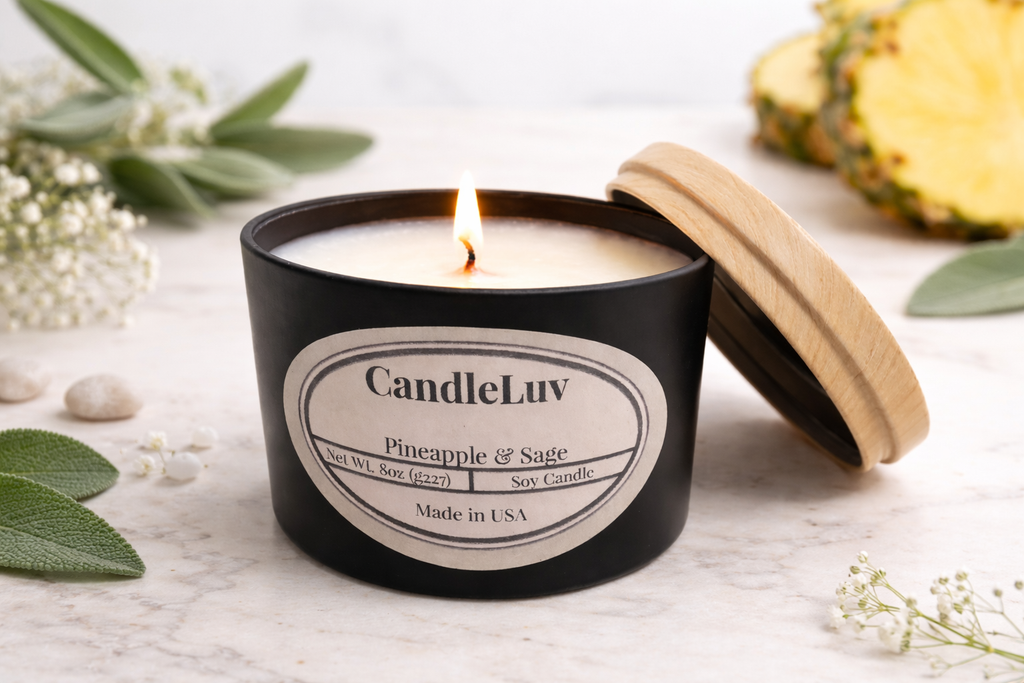CandleLuv Pineapple & Sage soy candle 8oz black tin with wooden lid lit