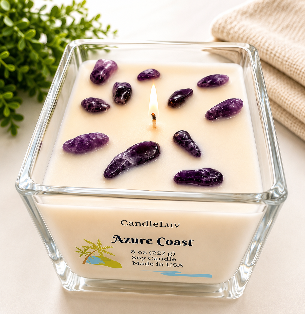 CandleLuv Azure Coast Amethyst Crystal Soy Candle – 8 oz