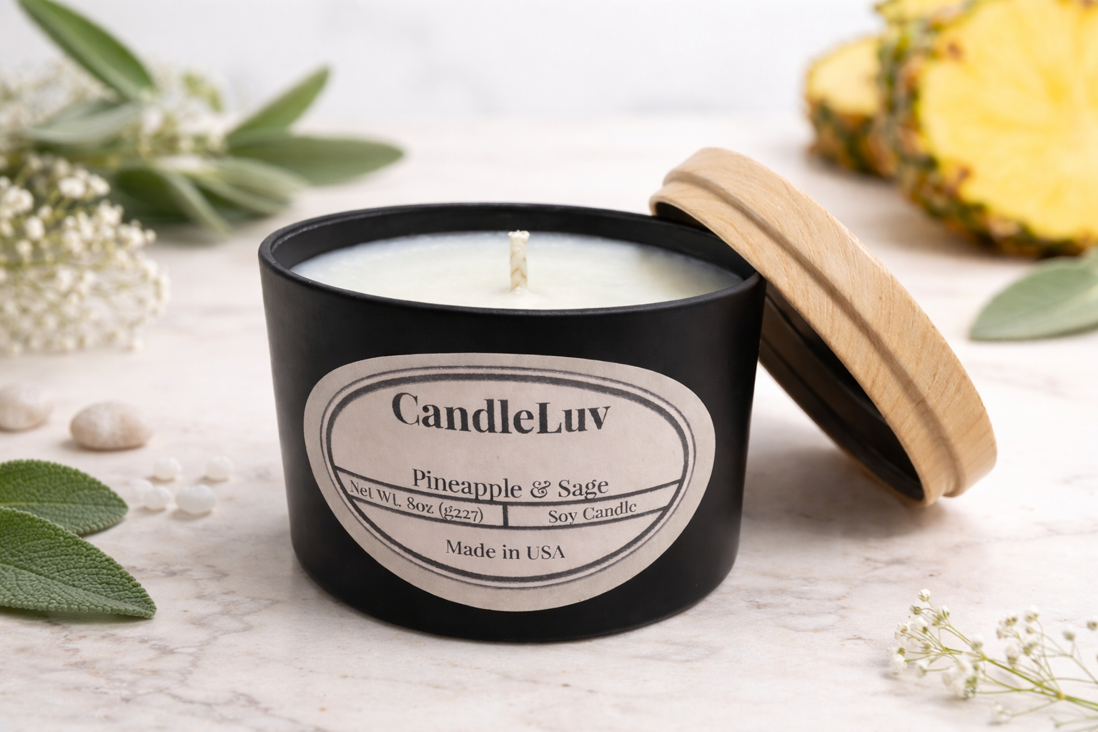 CandleLuv Pineapple & Sage soy candle 8oz black tin with wooden lid lit